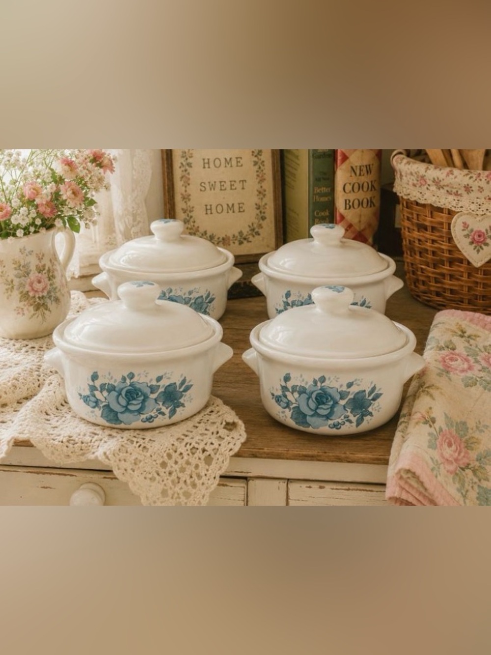 Set Of 4 Corelle Mini Crocks Blue Velvet Roses W/ Lid Jay Import Company-EUC